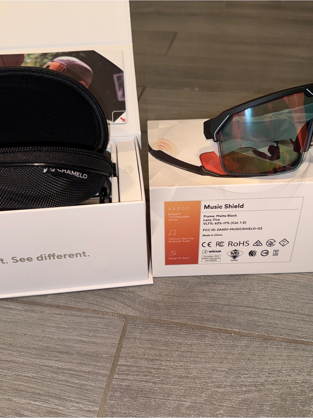 Chamelo Music Shield Smart Audio Sunglasses Fire Lens Matte Black NIB - Picture 5 of 9